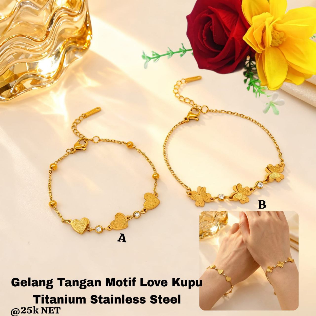Gelang Motif Kupu Kupu & Love Titanium Stainless Steel